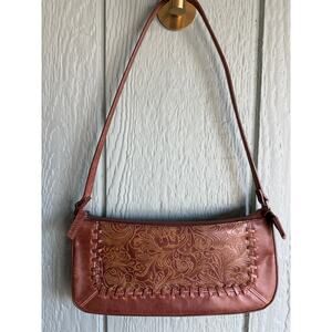 Vintage Tooled Leather Shoulder Bag Floral Embossed Purse Whipstitch Detail
